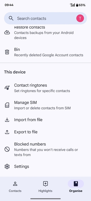 Scroll to and select Manage SIM
