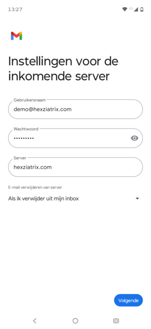 Voer Gebruikersnaam en binnenkomend serveradres in. Selecteer Volgende