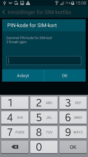 Skriv inn Gammel PIN-kode for SIM-kort og velg OK