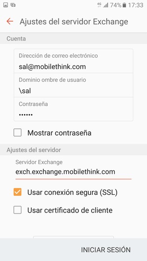 Introduzca Nombre de usuario y la dirección de servidor Exchange. Seleccione INICIAR SESIÓN