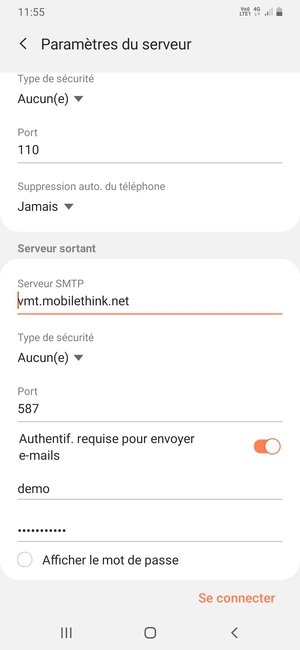 Faites défiler vers le bas et saisissez l'adresse du serveur sortant