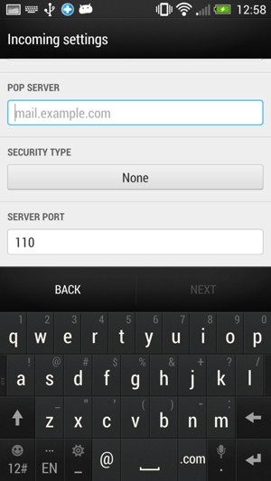 Scroll down and enter email information for Incoming server settings. Select NEXT