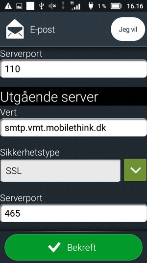 Skriv inn utgående serveradresse og velg Bekreft