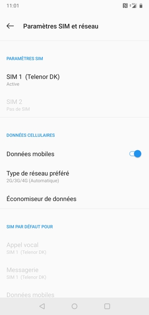 Sélectionnez SIM 1 ou SIM 2
