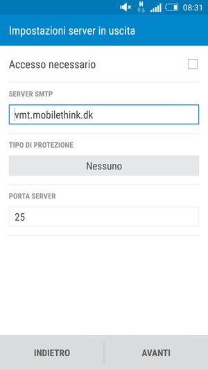 Inserisci l'indirizzo del server di posta in uscita e seleziona AVANTI