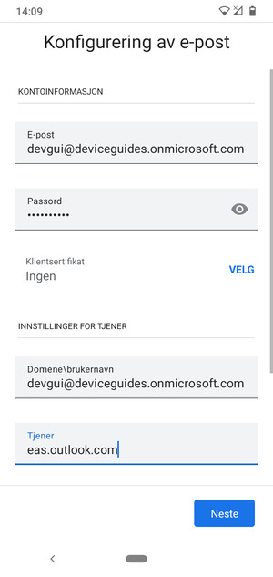 Skriv inn Brukernavn og Exchange serveradresse. Velg Neste