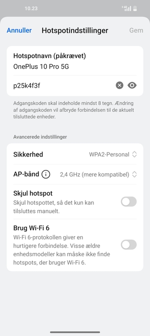 Indtast en Wi-Fi-hotspot adgangskode på minimum 8 tegn og vælg Gem