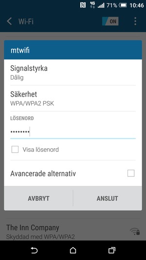 Ange lösenord till Wi-Fi och välj ANSLUT