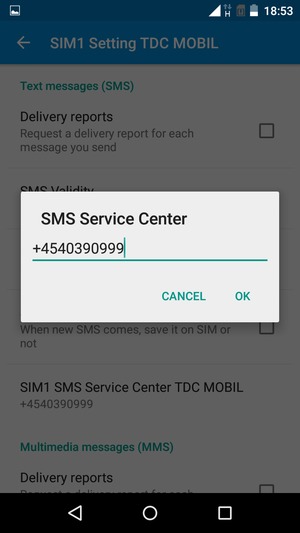 Enter the SMS Service Center number and select OK