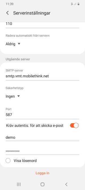 Scrolla ner och ange utgående serveradress