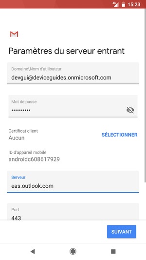 Saisissez votre Nom d'utilisateur et l'adresse du serveur Exchange. Sélectionnez SUIVANT