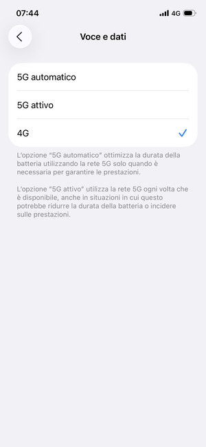 Per abilitare 4G, seleziona 4G