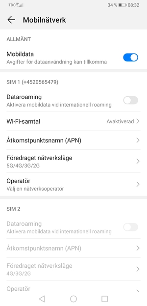 Scrolla till SIM 1 eller SIM 2 och välj Föredraget nätverksläge