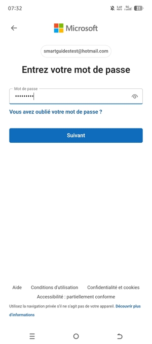 Saisissez votre Mot de passe et sélectionnez Suivant