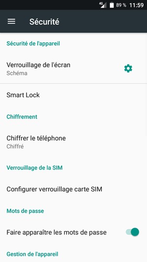 Pour modifier le code PIN de la carte SIM, retournez dans le menu Sécurité et sélectionnez Configurer verrouillage carte SIM