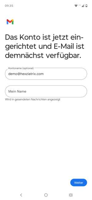 Geben Sie Ihrem Konto einen Namen und geben Sie Ihren Namen ein. Wählen Sie Weiter