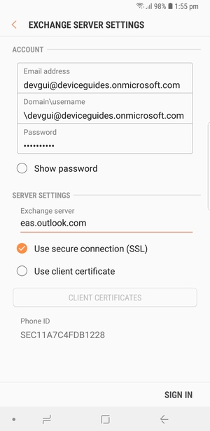 Enter Username and Exchange server address. Select SIGN IN