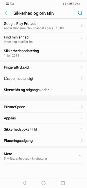 For at aktivere din skærmlås, gå til menuen Sikkerhed og placering / Sikkerhed og privatliv og vælg Skærmlås / Skærmlås og adgangskoder