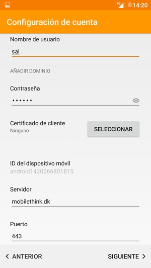Desplácese hacia abajo e introduzca la dirección del servidor Exchange. Seleccione SIGUIENTE