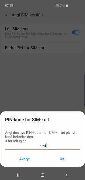 Bekreft din nye PIN-kode for SIM-kort og velg OK