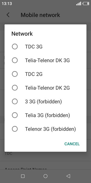 Select a network operator from the list