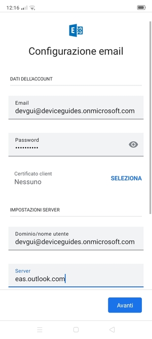 Inserisci Nome utente e l'indirizzo del server Exchange. Seleziona Avanti