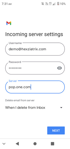 Enter Username and Incoming server address. Select NEXT