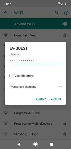Ange lösenord till Wi-Fi och välj ANSLUT