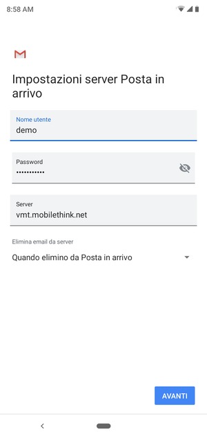 Inserisci Nome utente e l'indirizzo del server di posta in arrivo. Seleziona AVANTI
