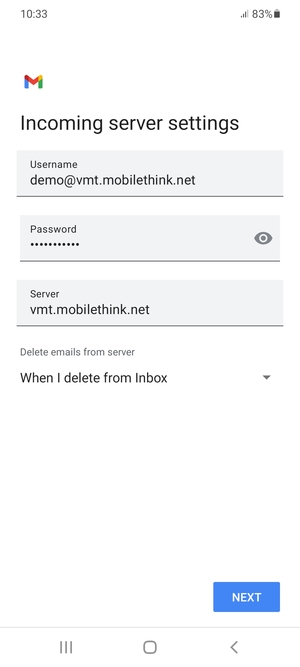 Enter Username and Incoming server address. Select NEXT