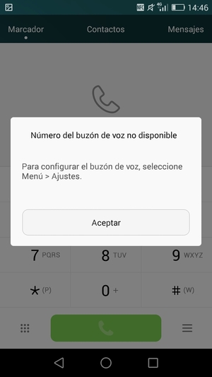 Si el correo de voz no está configurado, seleccione Aceptar