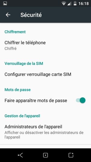 Pour modifier le code PIN de la carte SIM, retournez dans le menu Sécurité et sélectionnez Configurer verrouillage carte SIM