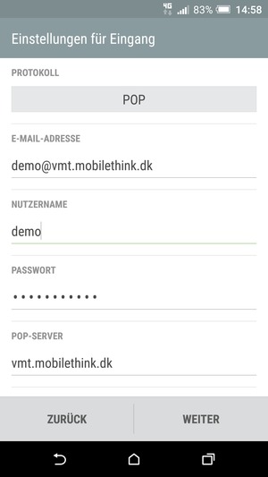 Geben Sie Nutzername und Eingehende Server-Adresse ein. Wählen Sie WEITER