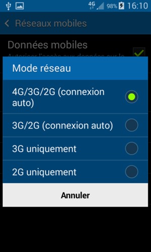 Sélectionnez 3G/2G (connexion auto) pour activer la 3G et 4G/3G/2G (connexion auto) pour activer la 4G
