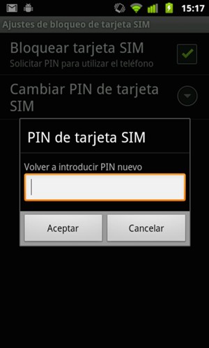 Confirme Nuevo SIM PIN y seleccione Aceptar