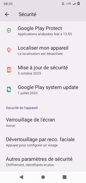 Pour modifier le code PIN de la carte SIM, allez dans le menu Sécurité et faites défiler et sélectionnez Autres paramètres de sécurité