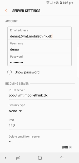 Enter Username and Incoming server address