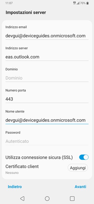 Inserisci l'indirizzo del server Exchange e Nome utente. Seleziona Avanti