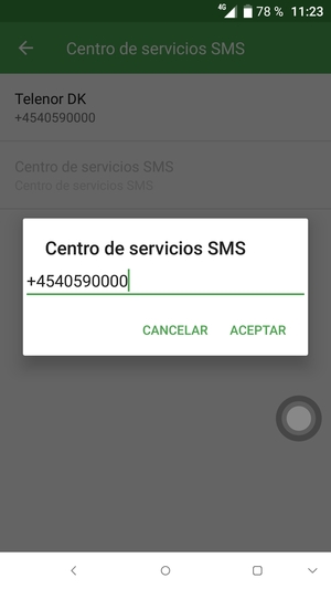 Introduzca el número de Centro de servicios SMS y seleccione ACEPTAR