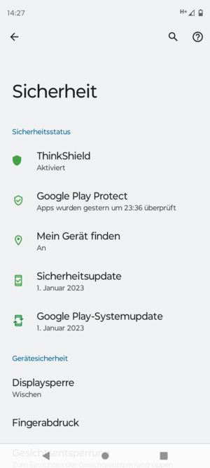 Um Ihre Bildschirmsperre zu aktivieren, gehen Sie zum Sicherheit Menü und wählen Sie  Displaysperre