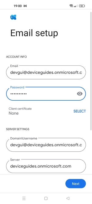 Enter Username and Exchange server address. Select Next