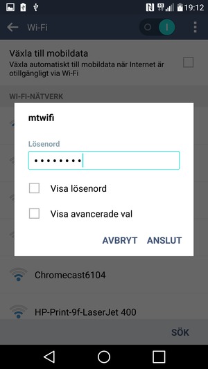 Ange lösenord till Wi-Fi och välj ANSLUT