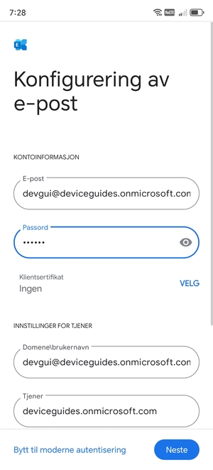 Skriv inn Brukernavn og Exchange serveradresse. Velg Neste