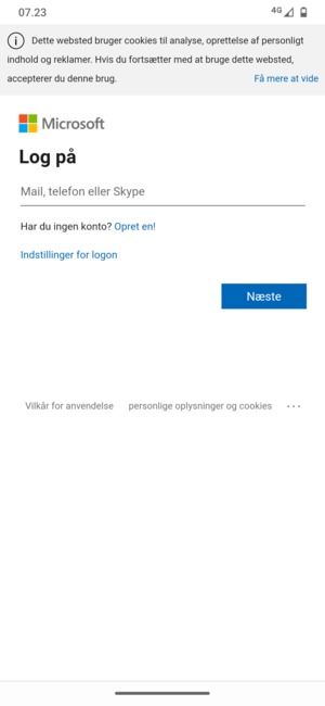 Indtast din e-mailadresse og vælg Næste