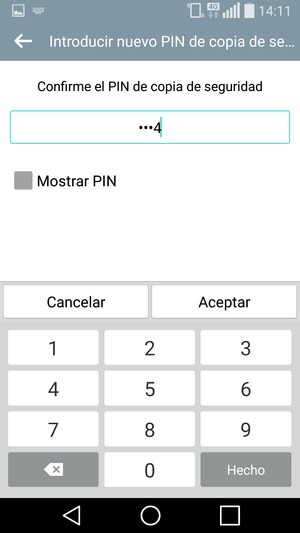 Confirme su PIN de copia de seguridad y seleccione Aceptar