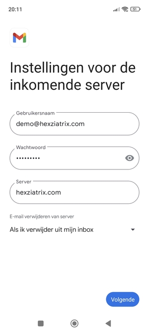 Voer Gebruikersnaam en binnenkomend serveradres in. Selecteer Volgende