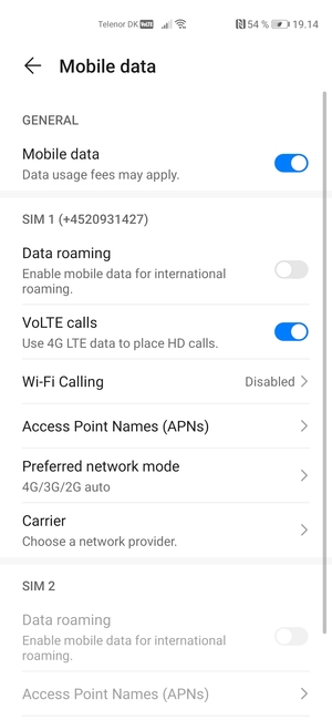 Scroll to SIM 1 or SIM 2 and select Preferred network mode