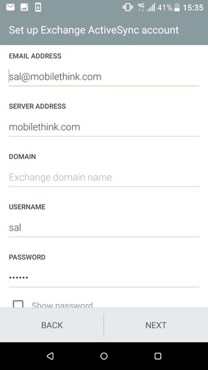 Enter Exchange server address and Username. Select NEXT