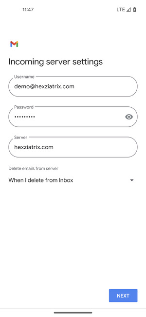 Enter Username and Incoming server address. Select NEXT