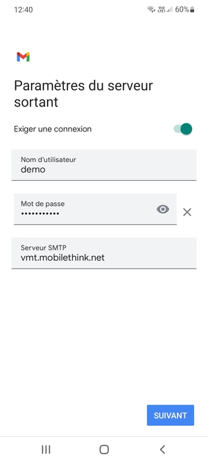 Entrez l'adresse du serveur Sortant